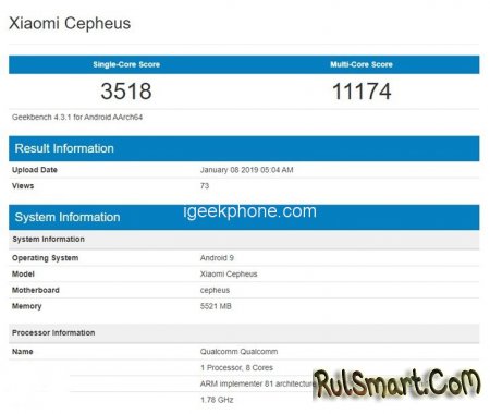 Xiaomi Mi 9:     Snapdragon 855  Geekbench 